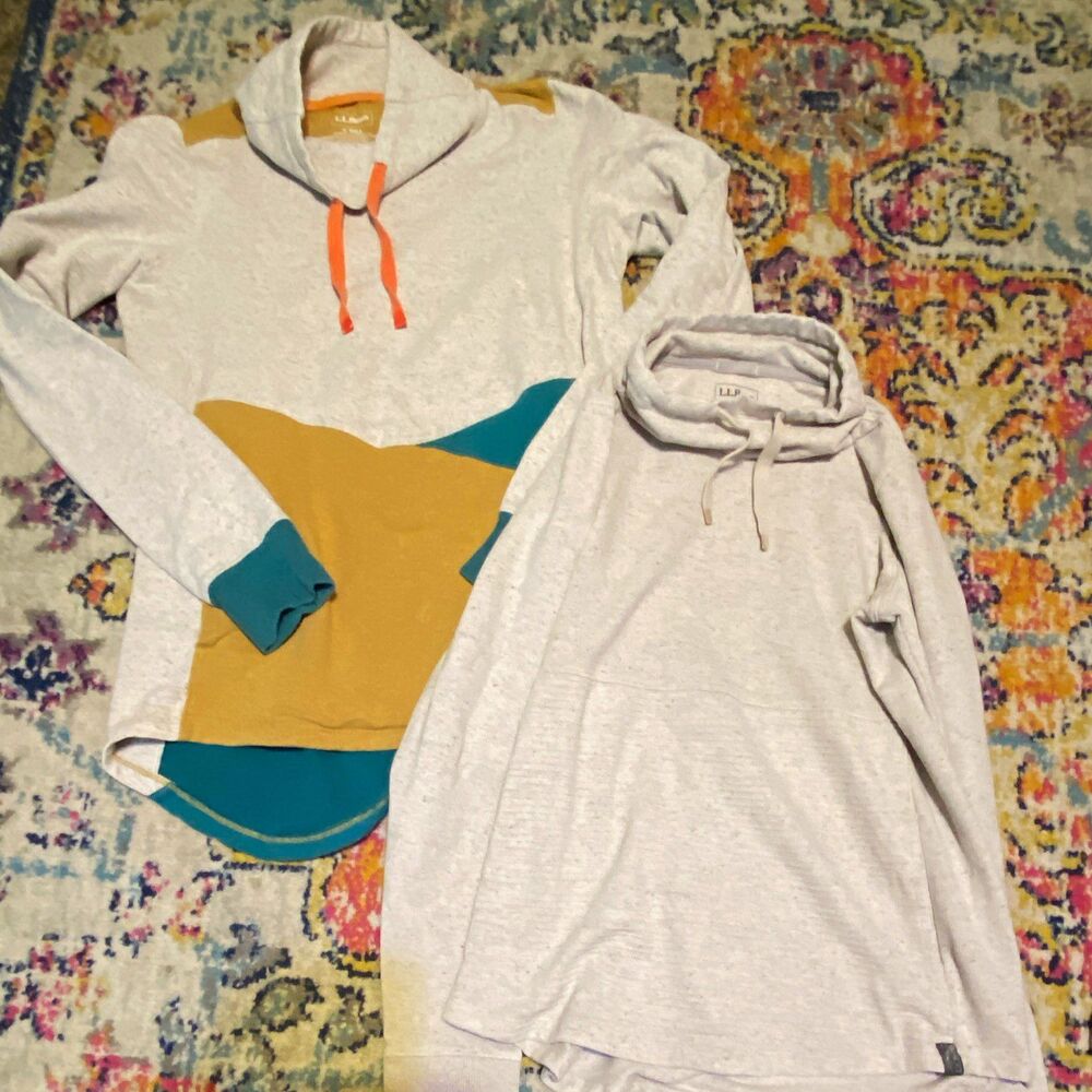 2 L.L.Bean Women's S Regular Colorblock Pullover Hoodie Drawstring Logo Gray Tan